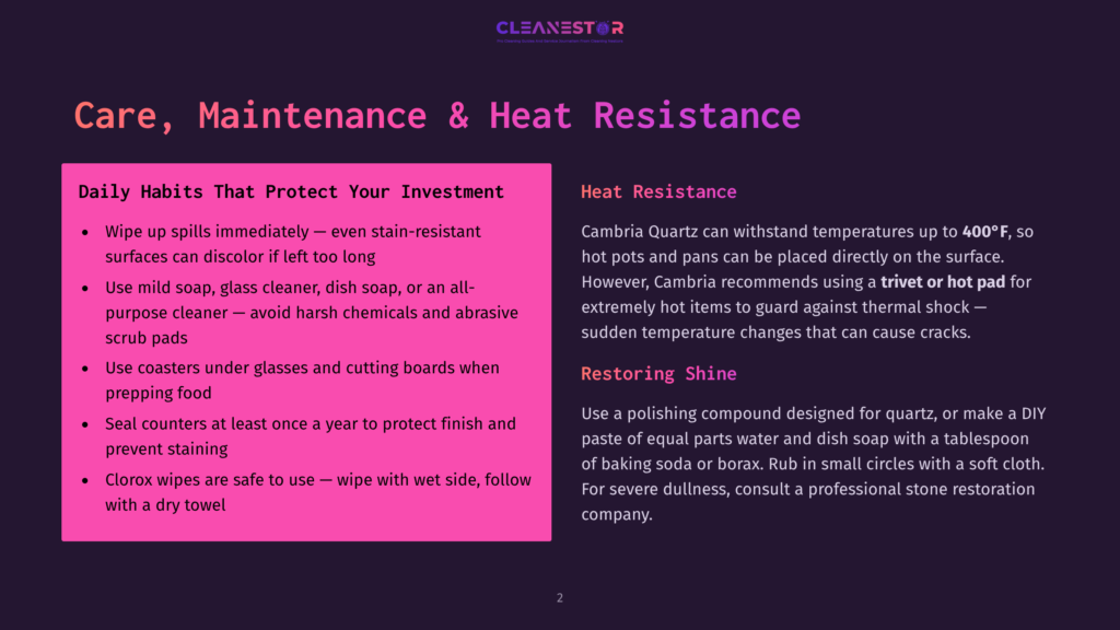 2 Care Maintenance And Heat Resistance A Slide With The Title &Quot;Care, Maintenance &Amp; Heat Resistance&Quot; Lists Daily Habits To Protect Your Investment And Information About Cambria Quartz'S Heat Resistance, Including Tips For Cleaning And Avoiding Thermal Shock.