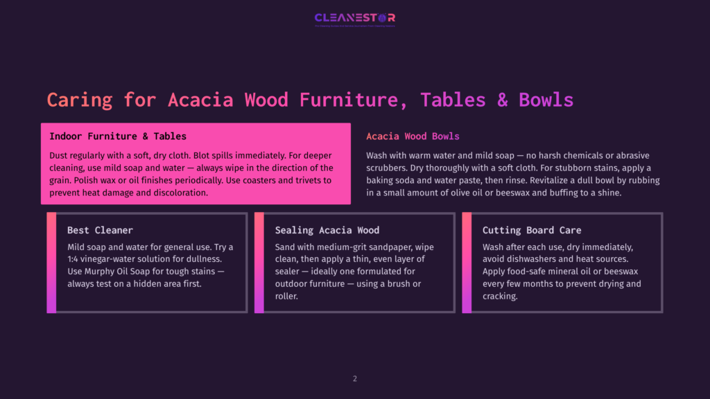 2 Caring For Acacia Wood Furniture Tables And Bowls A Guide To Caring For Acacia Wood Furniture, Tables, And Bowls, With Sections On Indoor Furniture, Best Cleaner, Sealing Acacia Wood, And Cutting Board Care.