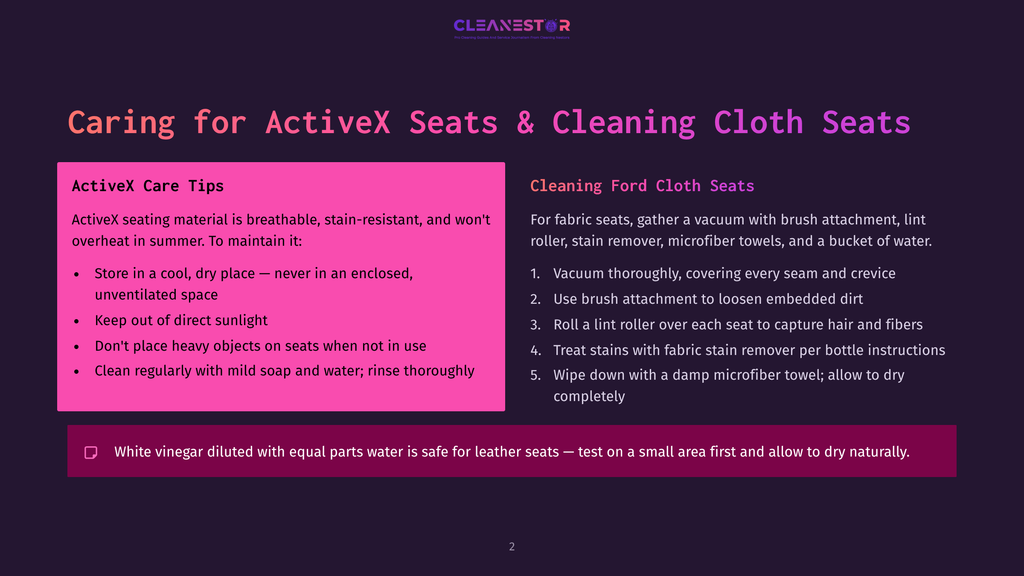 Presentation Slide Titled &Quot;Caring For Activex Seats &Amp; Cleaning Cloth Seats&Quot; With Tips On Seat Care And Cleaning Ford Cloth Seats. Text Includes &Quot;Activex Care Tips&Quot; And &Quot;Cleaning Ford Cloth Seats&Quot;.