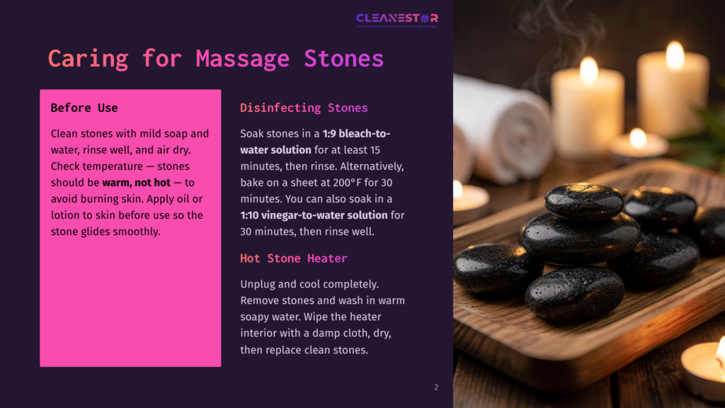 A Still Life Of Smooth, Dark Massage Stones On A Dark Surface, With Soft, Warm Candlelight And Rolled White Towels In The Background. Text On The Left Discusses Massage Stone Care And Disinfection.