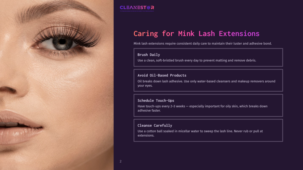 2 Caring For Mink Lash Extensions Close-Up Of A Woman'S Eye With Voluminous Mink Lash Extensions, With Text Overlay About Caring For Lash Extensions.