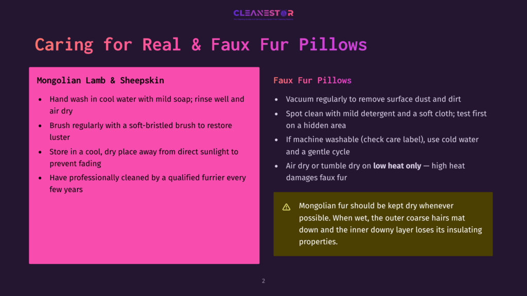Infographic Detailing How To Care For Mongolian Lamb &Amp; Sheepskin And Faux Fur Pillows, With Bulleted Instructions And Tips.
