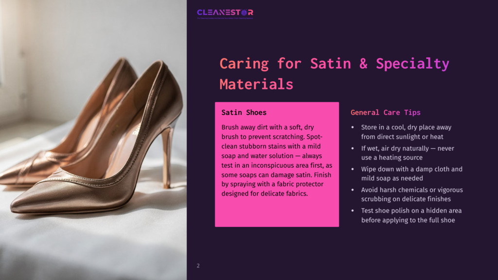 Close-Up Of Elegant Rose Gold Satin High Heels With Pointed Toes And Stiletto Heels, Resting On A White Surface. The Image Includes Text About Caring For Satin Shoes.