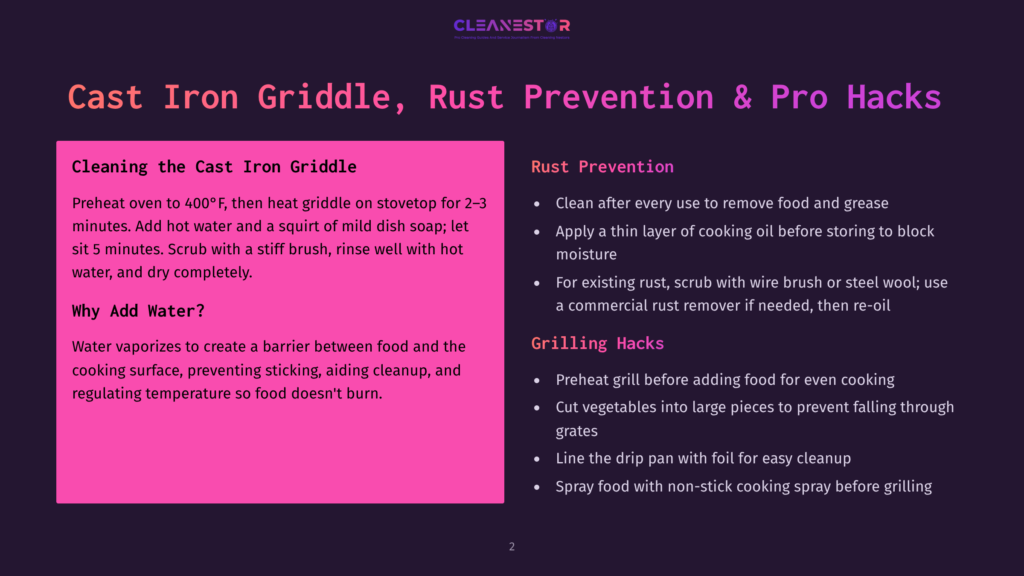Cast Iron Griddle, Rust Prevention &Amp; Pro Hacks: Cleaning The Cast Iron Griddle, Why Add Water?, Rust Prevention, Grilling Hacks. Text Details Cleaning, Rust Removal, And Grilling Tips.
