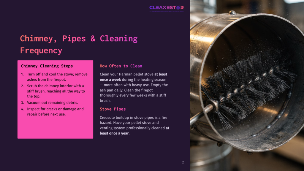 Close-Up Of A Chimney Sweep'S Stiff Brush Inside A Metal Chimney Pipe, With Text Overlaying The Left Side Of The Image About Chimney Cleaning Frequency And Steps.