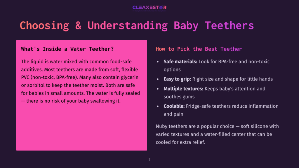 Presentation Slide Titled &Quot;Choosing &Amp; Understanding Baby Teethers,&Quot; With Text Sections On &Quot;What'S Inside A Water Teether?&Quot; And &Quot;How To Pick The Best Teether,&Quot; Featuring Bullet Points About Safe Materials, Easy Grip, Multiple Textures, And Coolable Options.