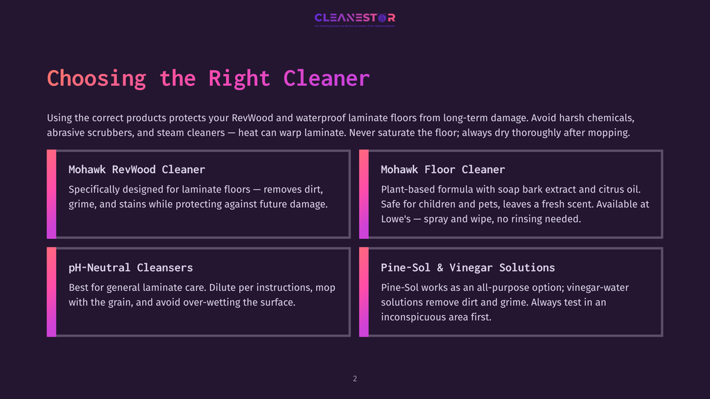 Graphic With Text &Quot;Choosing The Right Cleaner&Quot; And Four Product Descriptions: Mohawk Revwood Cleaner, Mohawk Floor Cleaner, Ph-Neutral Cleansers, And Pine-Sol &Amp; Vinegar Solutions.
