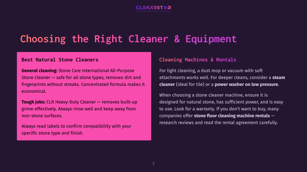 Choosing The Right Cleaner &Amp; Equipment: A Dark Purple Background With A Bright Pink Overlay On The Left Side Listing Cleaning Tips For Natural Stone. The Right Side Displays Text About Cleaning Machines And Rentals.