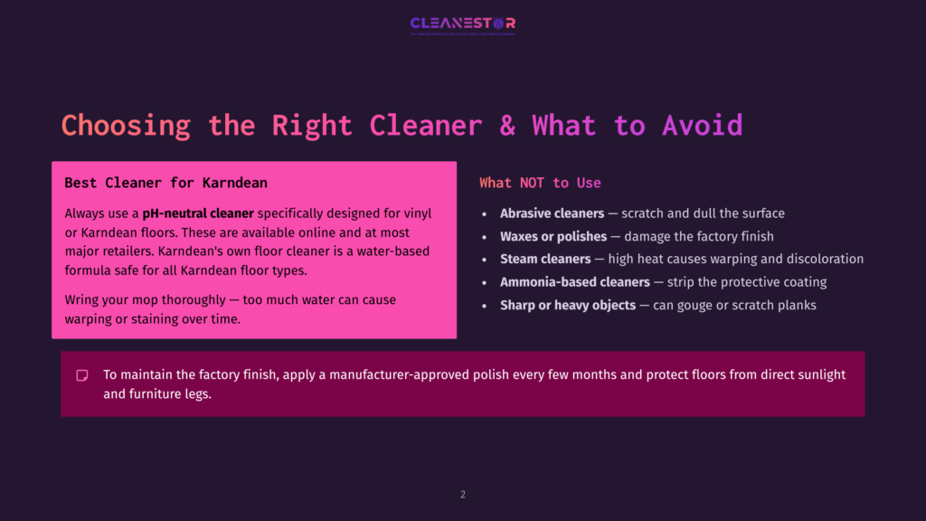 Dark Purple Background With White Text On Choosing The Right Cleaner And What To Avoid For Karndean Floors. Includes Lists Of &Quot;Best Cleaner For Karndean&Quot; And &Quot;What Not To Use&Quot;.