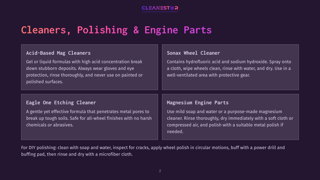 Cleaners, Polishing &Amp; Engine Parts Text On A Dark Purple Background With Four Product Descriptions: Acid-Based Mag Cleaners, Sonax Wheel Cleaner, Eagle One Etching Cleaner, And Magnesium Engine Parts.