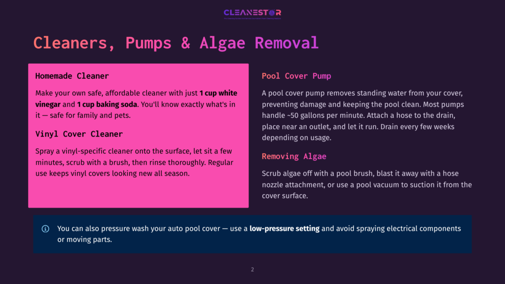 Cleaners, Pumps &Amp; Algae Removal: Homemade Cleaner Recipe With Vinegar And Baking Soda, And Instructions For Vinyl Cover Cleaner And Pool Cover Pump Use.