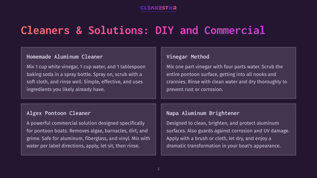 Cleanestor Diy And Commercial Boat Cleaning Solutions: Homemade Aluminum Cleaner, Vinegar Method, Algex Pontoon Cleaner, And Napa Aluminum Brightener Recipes.