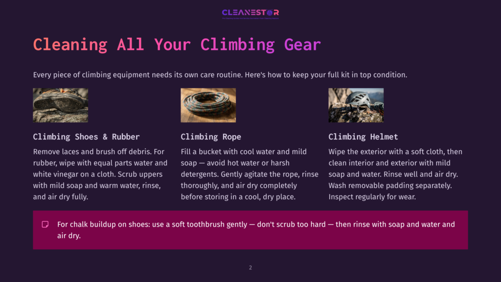 Three Images Showcase Climbing Gear: Climbing Shoes On Rocks, A Coiled Climbing Rope, And A Climbing Helmet. Text Advises On Cleaning Climbing Shoes, Rope, And Helmet.