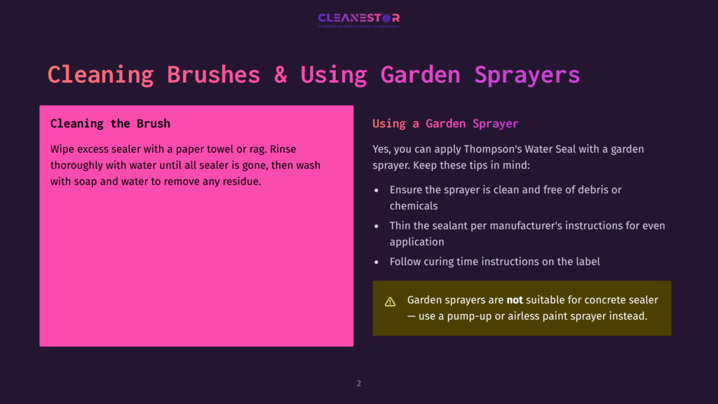 A Slide Titled &Quot;Cleaning Brushes &Amp; Using Garden Sprayers&Quot; With Instructions On Cleaning Brushes And Using Garden Sprayers For Concrete Sealer Application, Noting Garden Sprayers Are Not Suitable.