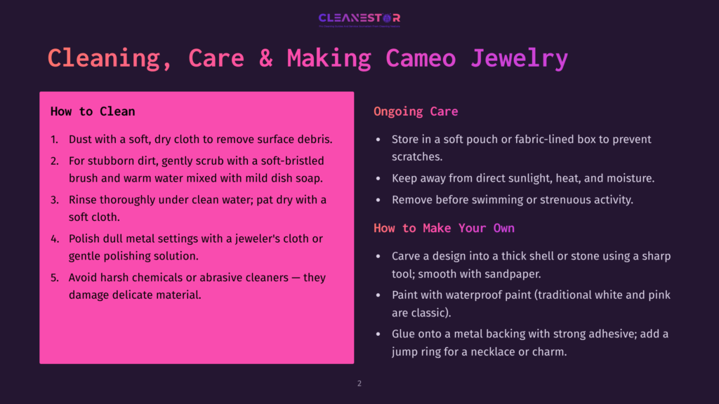 Dark Purple Background With A Pink Rectangle On The Left Containing Text And Bullet Points On How To Clean And Care For Cameo Jewelry. The Right Side Has Text About Ongoing Care And How To Make Your Own Cameo Jewelry.