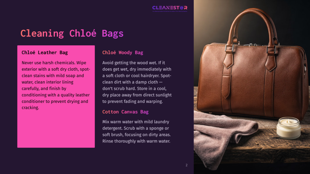 A Luxurious Brown Chloe Leather Bag Sits On A Rustic Wooden Table Next To A Soft Pink Cloth And A Small Candle, With Instructions For Cleaning Chloe Bags Displayed On The Left.