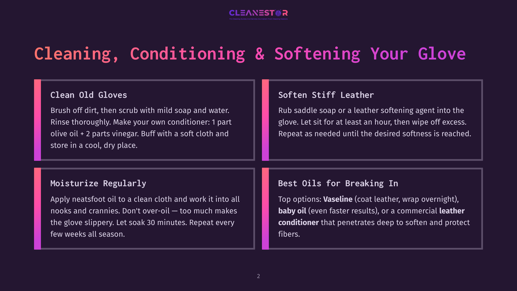 Infographic Detailing How To Clean, Condition, And Soften Leather Gloves, With Sections On Cleaning Old Gloves, Softening Stiff Leather, Moisturizing Regularly, And Best Oils For Breaking In Gloves.