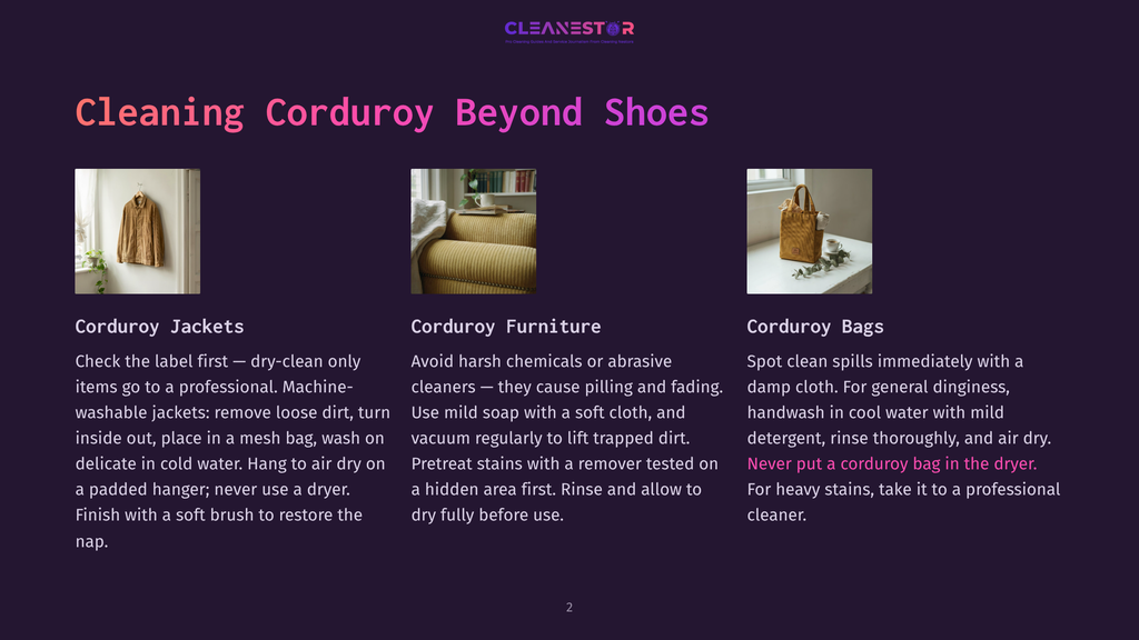 Three Images Depicting How To Clean Corduroy Items: A Brown Corduroy Jacket On A Hanger, A Yellow Corduroy Armchair, And A Woven Corduroy Tote Bag.