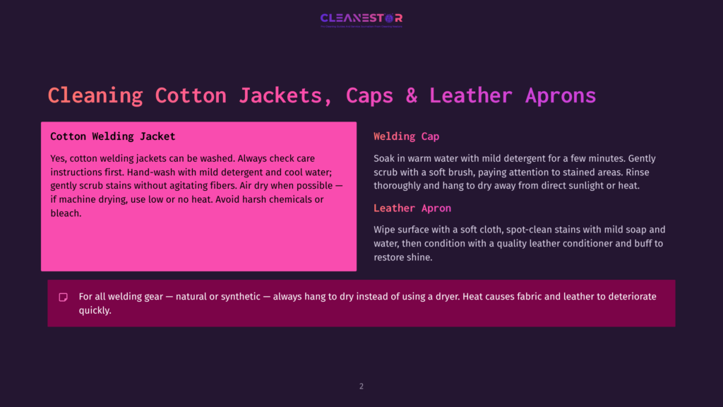 Page Titled &Quot;Cleaning Cotton Jackets, Caps &Amp; Leather Aprons&Quot; With Instructions On Cleaning Welding Jackets, Caps, And Leather Aprons. Includes Tips For Cotton Welding Jackets, Welding Caps, And Leather Aprons.