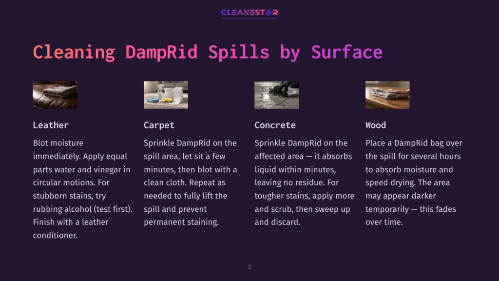 Cleanestor Logo With Text &Quot;Cleaning Damprid Spills By Surface&Quot; And Icons For Leather, Carpet, Concrete, And Wood, Detailing Cleaning Methods For Each Surface.