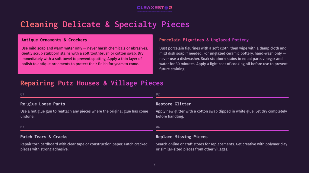 2 Cleaning Delicate And Specialty Pieces A Dark Purple Background With A Title &Quot;Cleaning Delicate &Amp; Specialty Pieces&Quot; In White Text. Sections Include &Quot;Antique Ornaments &Amp; Crockery,&Quot; &Quot;Repairing Putz Houses &Amp; Village Pieces,&Quot; &Quot;Porcelain Figurines &Amp; Un-Glazed Pottery,&Quot; With Bullet Points Detailing Cleaning And Repair Instructions.
