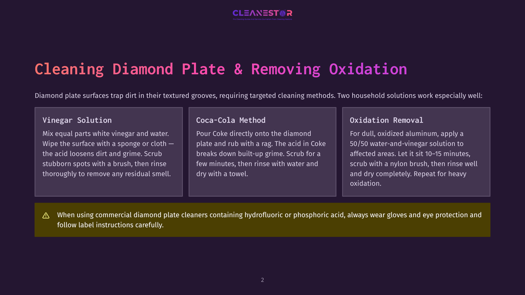 A Graphic With The Title &Quot;Cleaning Diamond Plate &Amp; Removing Oxidation&Quot; And Three Cleaning Methods: Vinegar Solution, Coca-Cola Method, And Oxidation Removal. A Warning About Hydrofluoric Or Phosphoric Acid Is At The Bottom.
