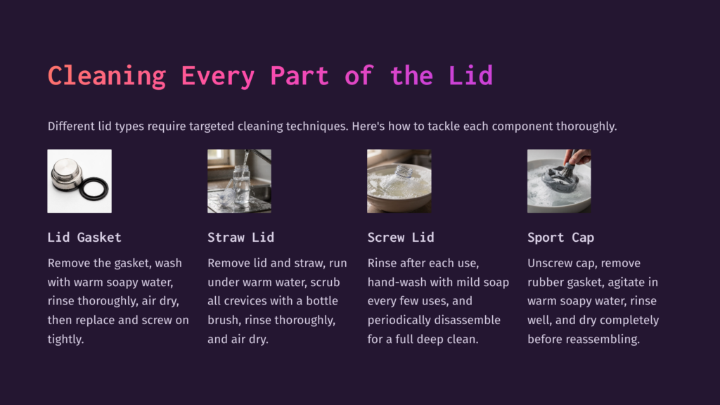Image With Text: &Quot;Cleaning Every Part Of The Lid&Quot;. Shows Four Types Of Lids: Lid Gasket, Straw Lid, Screw Lid, And Sport Cap, With Instructions For Cleaning Each.