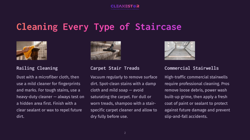 2 Cleaning Every Type Of Staircase Three Images Of Staircase Cleaning: A Hand Wiping A Railing With A Cloth, A Carpeted Stair Tread Being Vacuumed, And A Modern Commercial Staircase With Bright Lighting.