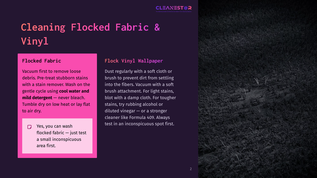 Close-Up Of Dark, Textured Flocked Fabric And Vinyl Wallpaper, With Text Overlay Detailing Cleaning Instructions For Flocked Fabric And Vinyl Wallpaper, Including Tips For Removing Stains And General Maintenance.