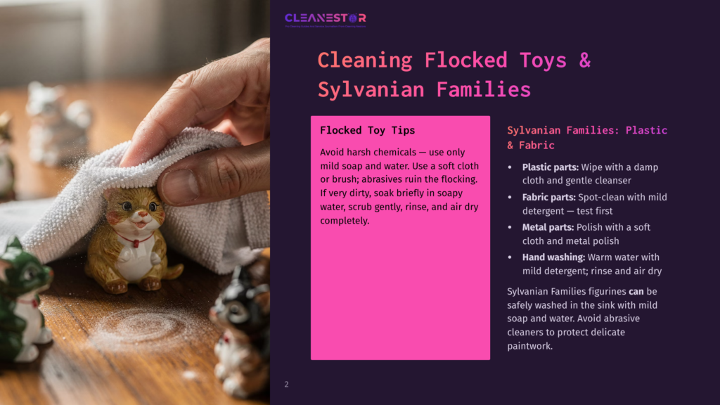 A Hand Gently Wipes A Small, Adorable Flocked Toy Cat With A White Cloth. The Toy Cat Is Orange And White, Sitting On A Wooden Table Surrounded By Other Similar Flocked Animal Toys.
