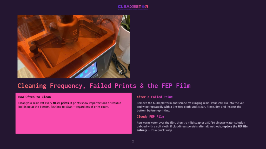 Orange Resin 3D Printer With A Clear Vat Filled With Orange Resin, Showing The Build Plate And Fep Film. Text Overlay Reads: &Quot;Cleanestor,&Quot; &Quot;Cleaning Frequency, Failed Prints &Amp; The Fep Film,&Quot; And &Quot;How Often To Clean.