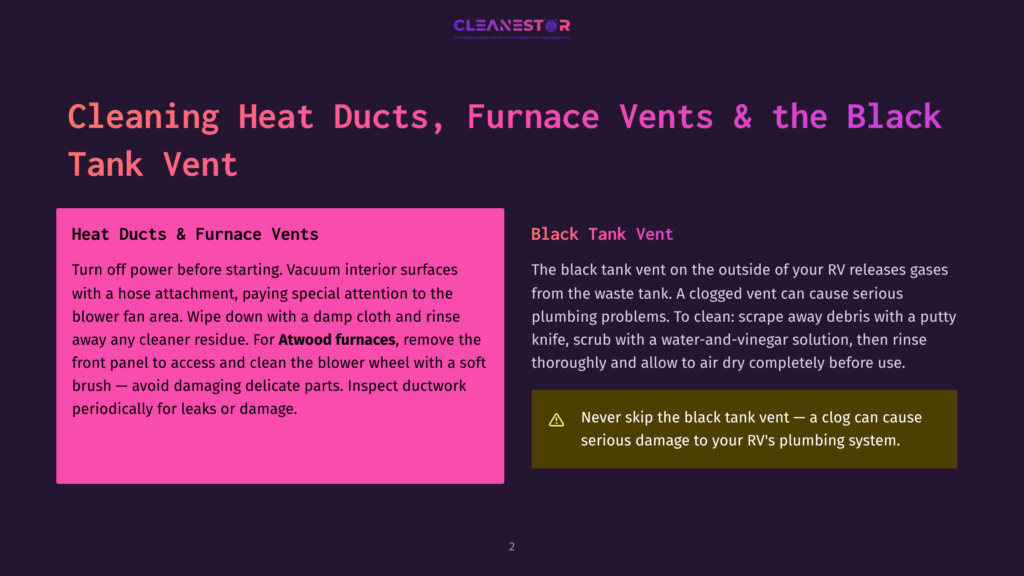 2 Cleaning Heat Ducts Furnace Vents And The Black Tank Vent A Dark Background With A Purple Gradient. The Top Of The Image Features The Cleanestor Logo. Below The Logo, Bold White Text Reads &Quot;Cleaning Heat Ducts, Furnace Vents &Amp; The Black Tank Vent&Quot;. The Left Side Of The Image Has A Pink Rectangle With White Text Describing How To Clean Heat Ducts And Furnace Vents, Mentioning &Quot;Atwood Furnaces&Quot;. The Right Side Of The Image Has A Dark Olive Green Rectangle With White Text Describing How To Clean A Black Tank Vent, Including A Warning Icon And Text.