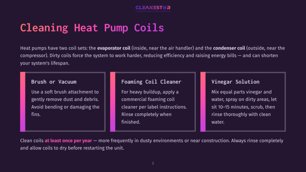 Infographic Detailing How To Clean Heat Pump Coils: Brush Or Vacuum, Foaming Coil Cleaner, And Vinegar Solution. Text From Cleanestor.com.