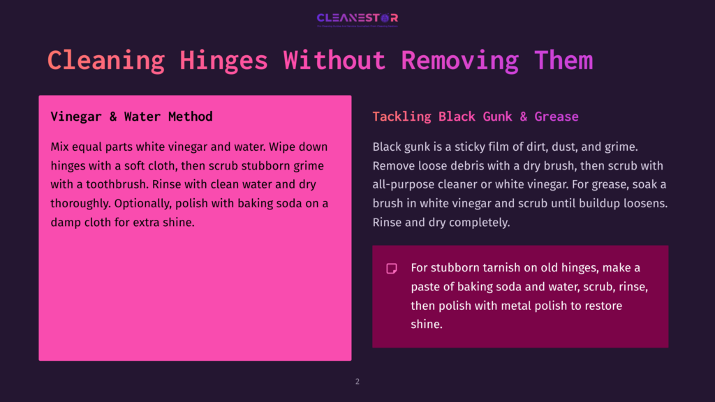 2 Cleaning Hinges Without Removing Them 1 Two Panels Illustrating Methods For Cleaning Hinges. The Left Panel, Titled &Quot;Vinegar &Amp; Water Method,&Quot; Is Pink And Details A Diy Cleaning Solution. The Right Panel, Titled &Quot;Tackling Black Gunk &Amp; Grease,&Quot; Is Dark Purple And Describes Using Cleaners And Baking Soda For Stubborn Grime.