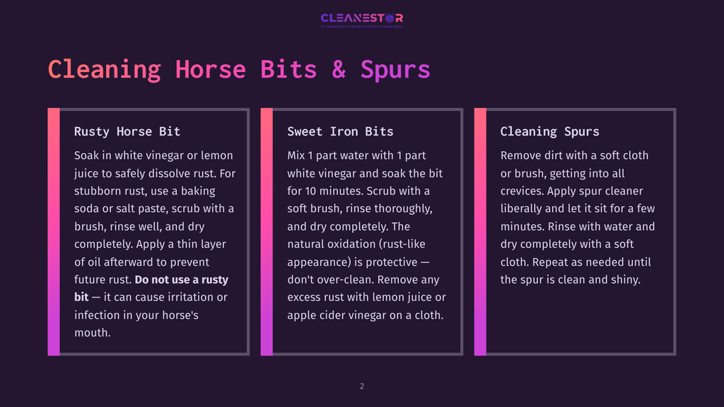 A Dark Background With Three Vertical Panels Detailing How To Clean Horse Bits And Spurs. The Left Panel Is Titled &Quot;Rusty Horse Bit&Quot; And Offers Cleaning Instructions. The Middle Panel Is Titled &Quot;Sweet Iron Bits&Quot; And Provides Cleaning Tips. The Right Panel Is Titled &Quot;Cleaning Spurs&Quot; And Gives Advice On Cleaning Spurs.