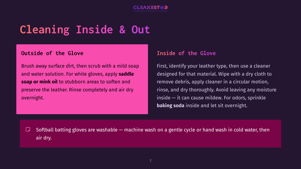 A Presentation Slide With The Title &Quot;Cleaning Inside &Amp; Out&Quot; Of A Baseball Glove. The Left Side, &Quot;Outside Of The Glove,&Quot; Details Cleaning Steps. The Right Side, &Quot;Inside Of The Glove,&Quot; Offers Advice On Cleaning The Interior.