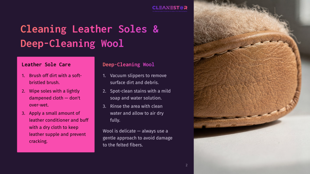 Close-Up Of A Brown Leather Sole And Fuzzy Sheepskin Lining Of A Slipper, With Text Overlay Detailing Cleaning Instructions For Leather Soles And Wool.