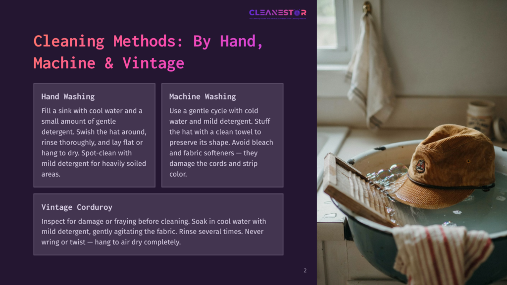 A Vintage Corduroy Hat Sits In A Wash Basin Next To A Washboard, With A Text Overlay Discussing Cleaning Methods For Hand, Machine, And Vintage Items.