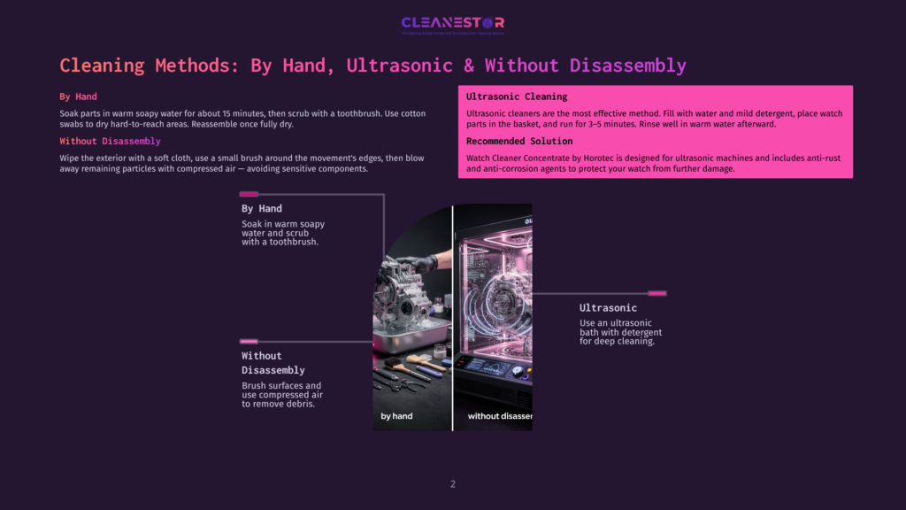 Image Showcasing Two Cleaning Methods: One With A Person'S Hands And Toothbrush Cleaning A Mechanical Part, And Another With An Ultrasonic Cleaning Machine In Operation, With The Text &Quot;By Hand,&Quot; &Quot;Without Disassembly,&Quot; &Quot;Ultrasonic Cleaning,&Quot; And &Quot;Recommended Solution&Quot; Visible.