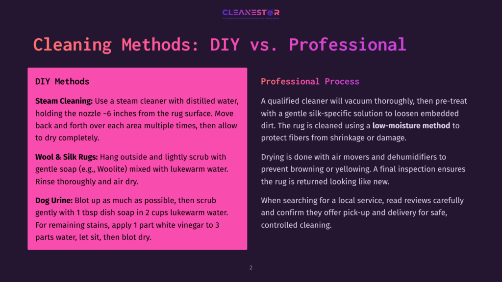 Infographic Comparing Diy Vs. Professional Cleaning Methods For Rugs, Detailing Steam Cleaning, Wool &Amp; Silk Rug Care, And Dog Urine Stain Removal For Diy, And Professional Process With Low-Moisture Method.