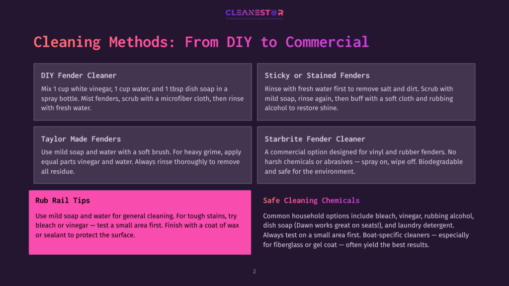 2 Cleaning Methods From Diy To Commercial Infographic Titled &Quot;Cleaning Methods: From Diy To Commercial&Quot; With Sections For Diy Fender Cleaner, Sticky Or Stained Fenders, Taylor Made Fenders, Starbrite Fender Cleaner, Rub Rail Tips, And Safe Cleaning Chemicals.