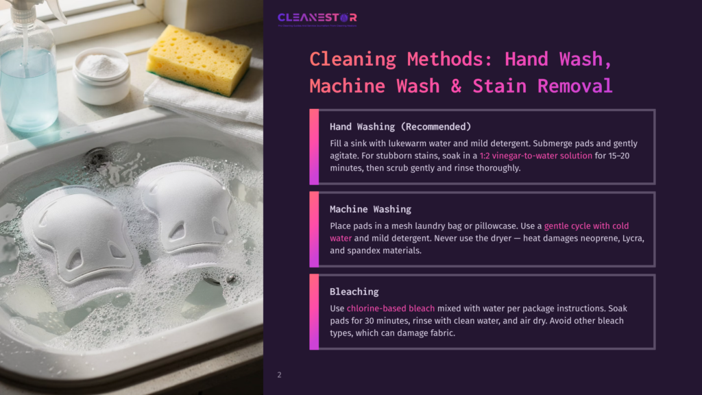 Cleanestor Logo And Cleaning Methods For Hand Wash, Machine Wash, And Bleaching Of Pads.