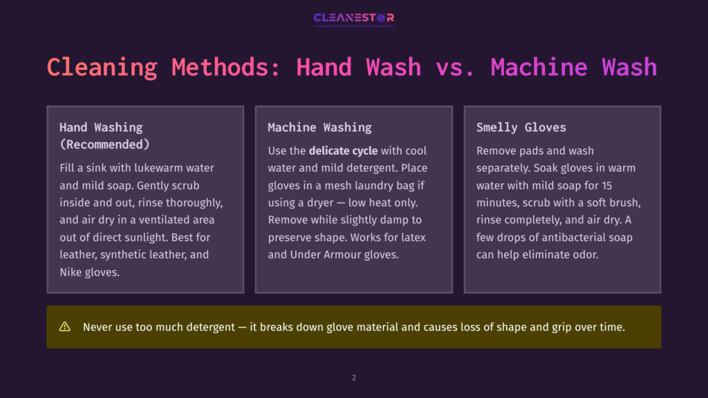 Infographic Comparing Hand Washing And Machine Washing Of Gloves. Text Details Methods For Cleaning, Including Using Mild Detergent And Avoiding High Heat For Delicate Cycles.
