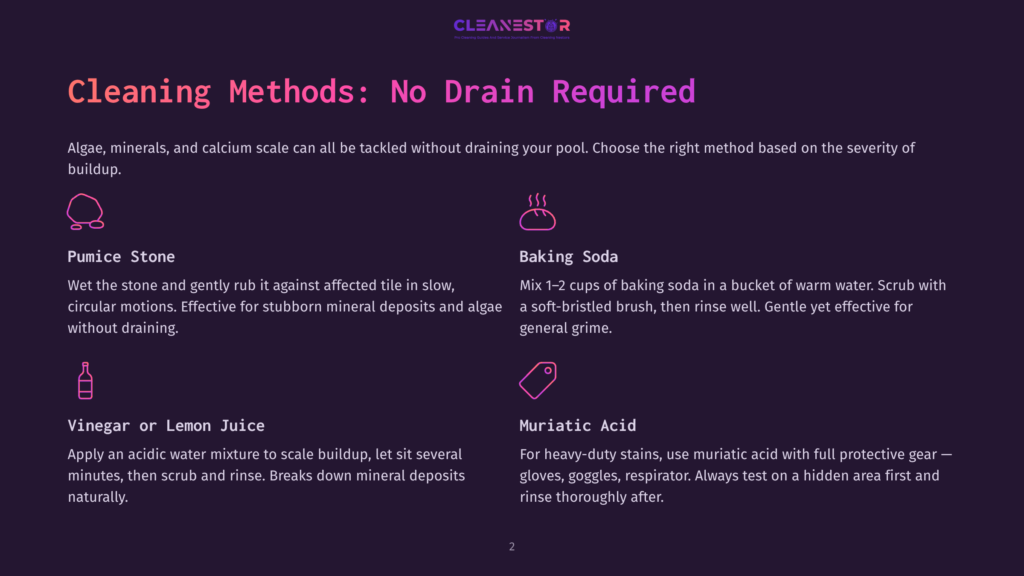 Infographic Detailing Pool Cleaning Methods: Pumice Stone, Baking Soda, Vinegar Or Lemon Juice, And Muriatic Acid, With Icons And Brief Descriptions.