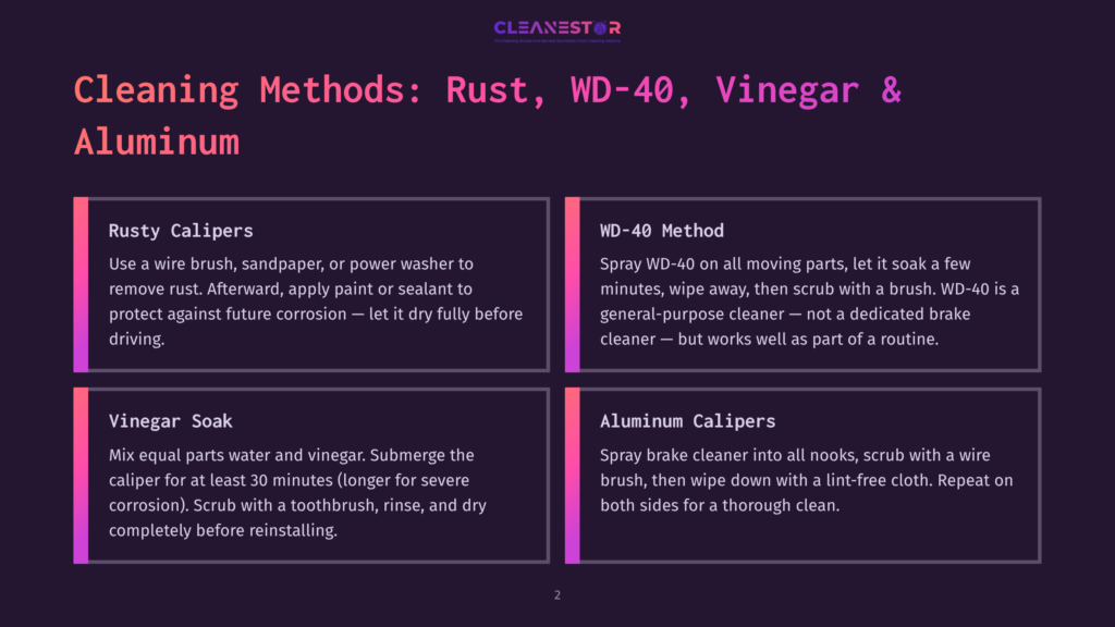 Infographic Detailing Cleaning Methods For Rust, Wd-40, Vinegar, And Aluminum Calipers. Includes Sections On Rusty Calipers, Wd-40 Method, Vinegar Soak, And Aluminum Calipers.
