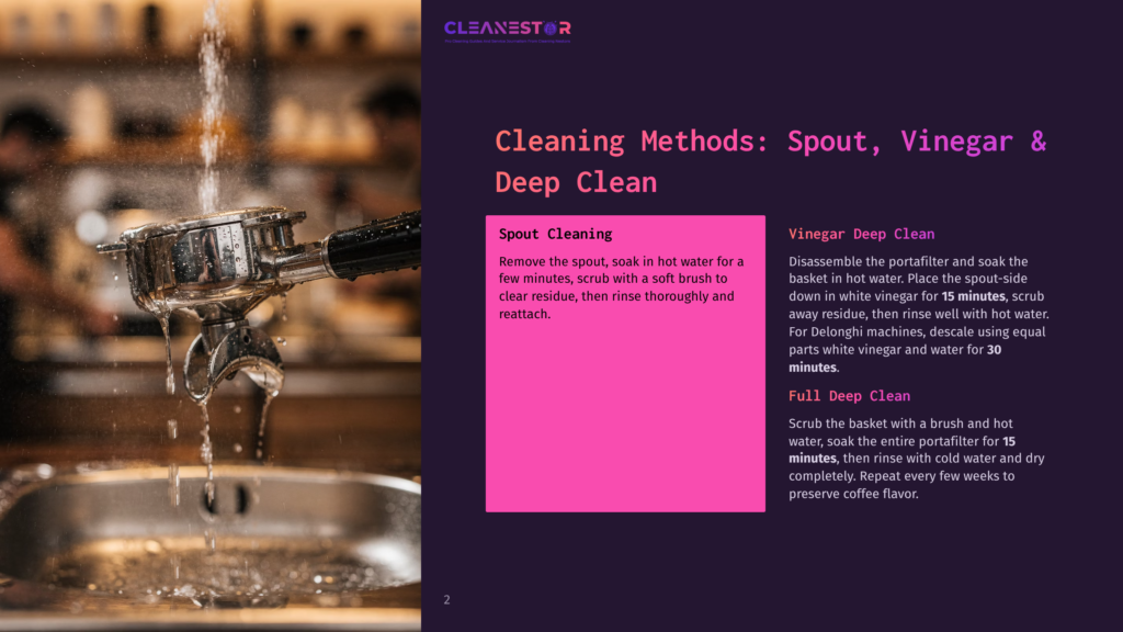 Close-Up Of A Chrome Espresso Machine Portafilter Being Cleaned, With Water Spraying Into A Sink. Text Overlay Reads &Quot;Cleanestor&Quot; And &Quot;Cleaning Methods: Spout, Vinegar &Amp; Deep Clean&Quot;.
