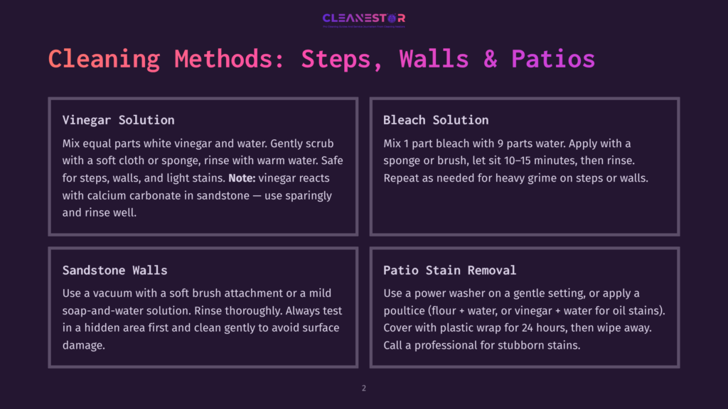 Infographic Detailing Cleaning Methods For Various Surfaces: Vinegar Solution For Steps, Walls, And Light Stains; Bleach Solution For Heavy Grime; Sandstone Walls Cleaning; And Patio Stain Removal. The Text Includes Cleaning Instructions And Product Recommendations.