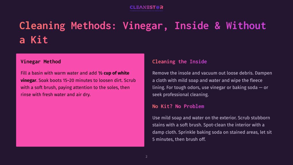 Title Slide For &Quot;Cleaning Methods: Vinegar, Inside &Amp; Without A Kit&Quot;. Features A Dark Purple Background With Vibrant Pink Text Highlighting Cleaning Instructions Using Vinegar And Baking Soda.