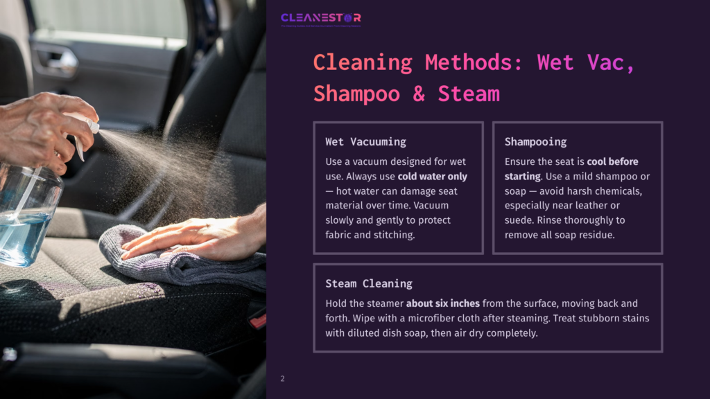 A Person'S Hands Spray A Cleaning Solution Onto A Car Seat While Wiping It With A Microfiber Cloth. Text Overlay Reads &Quot;Cleanestor&Quot; And &Quot;Cleaning Methods: Wet Vac, Shampoo &Amp; Steam&Quot;.