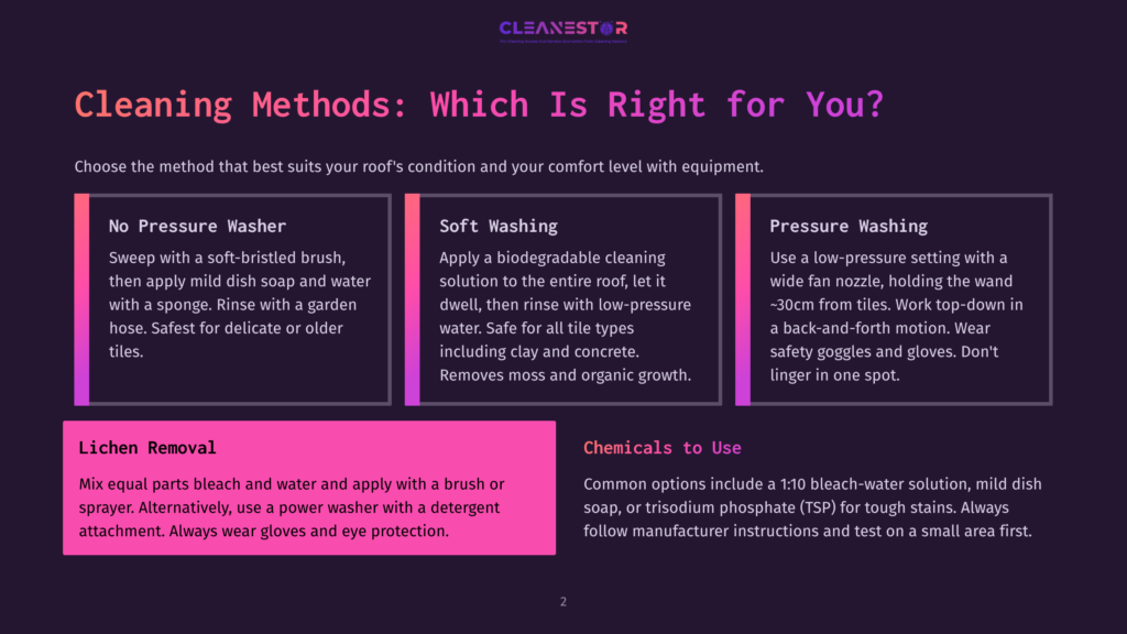 2 Cleaning Methods Which Is Right For You Infographic Detailing Roof Cleaning Methods: No Pressure Washer, Soft Washing, And Pressure Washing. Includes A Section On Lichen Removal And Common Chemicals To Use.